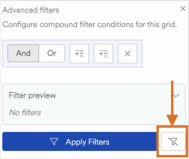 Advanced filters interface showing options to configure filter conditions and apply filters.